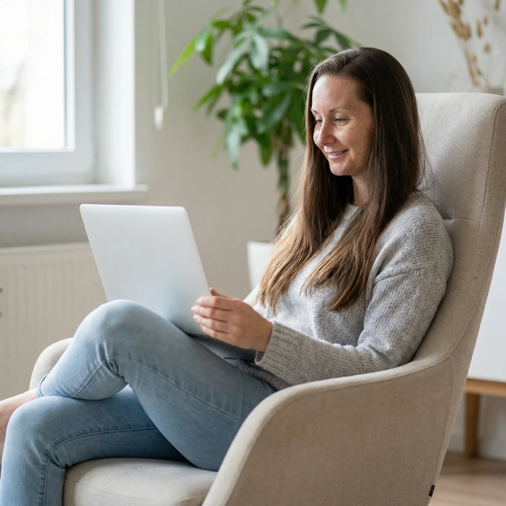Niki arbeitet entspannt mit dem Laptop, während ihr System im Hintergrund Anfragen, Rechnungen und Termine übernimmt