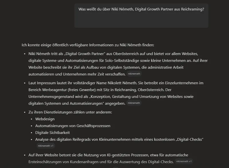 Copilot-Antwort auf die Frage nach Niki Németh mit Angaben aus Website und Impressum von nikinemeth.com