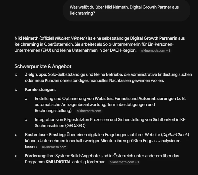 Gemini-Antwort auf die Frage nach Niki Németh aus Reichraming mit nikinemeth.com als Quelle