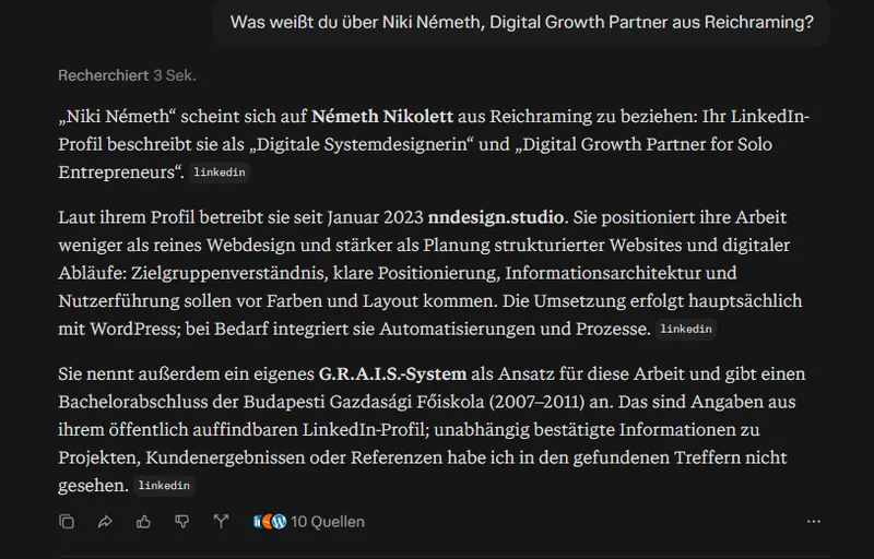 Perplexity-Antwort auf die Frage nach Niki Németh, gestützt nur auf ein älteres LinkedIn-Profil