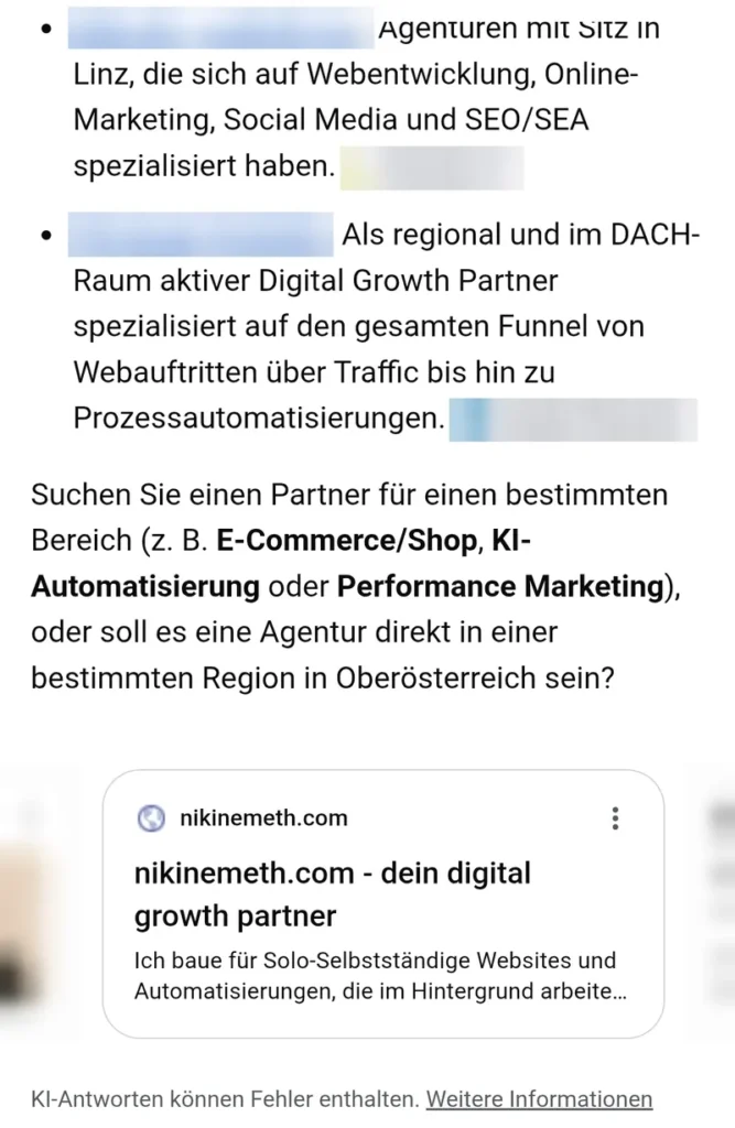 Selbsttest neue Kunden finden: Googles KI-Antwort auf „Digital Growth Partner Oberösterreich“ nennt andere Anbieter, nikinemeth.com erscheint als zweite Quelle.